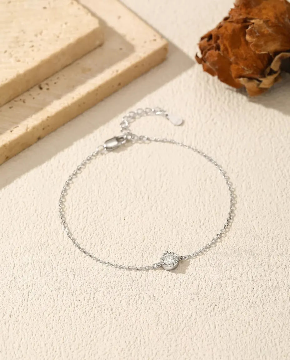 Moissanite Bracelet - 0.30 ct 4 mm Round Stone in a Beaded Bezel on a Fine 925 Sterling Silver Chain, 6.3 to 7.5 in