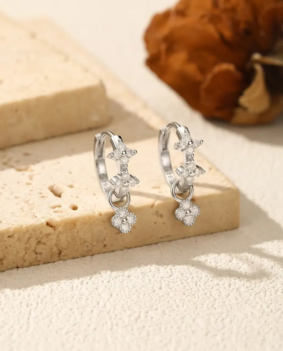 Moissanite Clover Huggie Earrings - 24 D Color Stones with Flower Drop Charm, 925 Sterling Silver, 18 mm