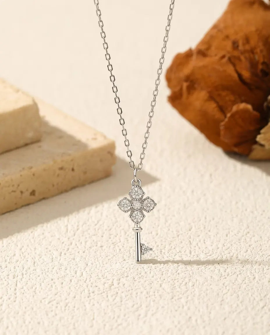 Moissanite Key Pendant Necklace - Clover Key Charm in 925 Sterling Silver with 6 D Color Stones, 15.7-17.7 in Chain