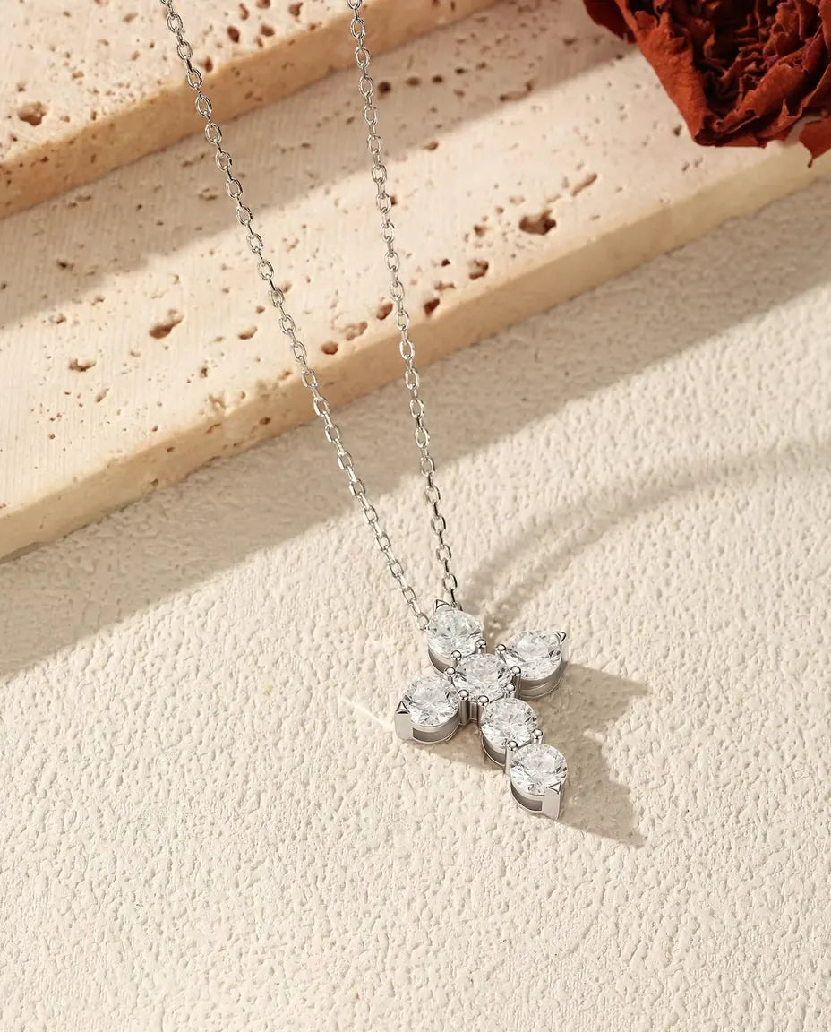 Moissanite Cross Necklace - Six 0.50 ct D Color Stones, 17.5 x 22.5 mm Pendant, 40+5 cm 925 Sterling Silver Chain