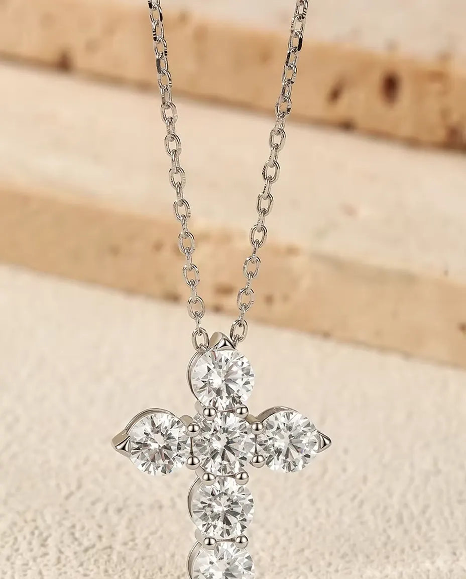 Moissanite Cross Necklace - Six 0.50 ct D Color Stones, 17.5 x 22.5 mm Pendant, 40+5 cm 925 Sterling Silver Chain