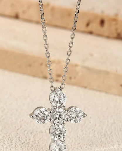 Moissanite Cross Necklace - Six 0.50 ct D Color Stones, 17.5 x 22.5 mm Pendant, 40+5 cm 925 Sterling Silver Chain
