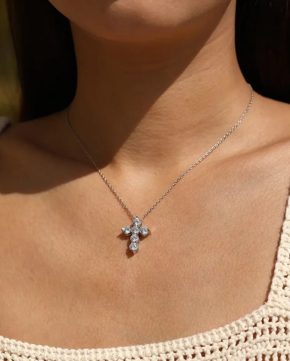 Moissanite Cross Necklace - Six 0.50 ct D Color Stones, 17.5 x 22.5 mm Pendant, 40+5 cm 925 Sterling Silver Chain