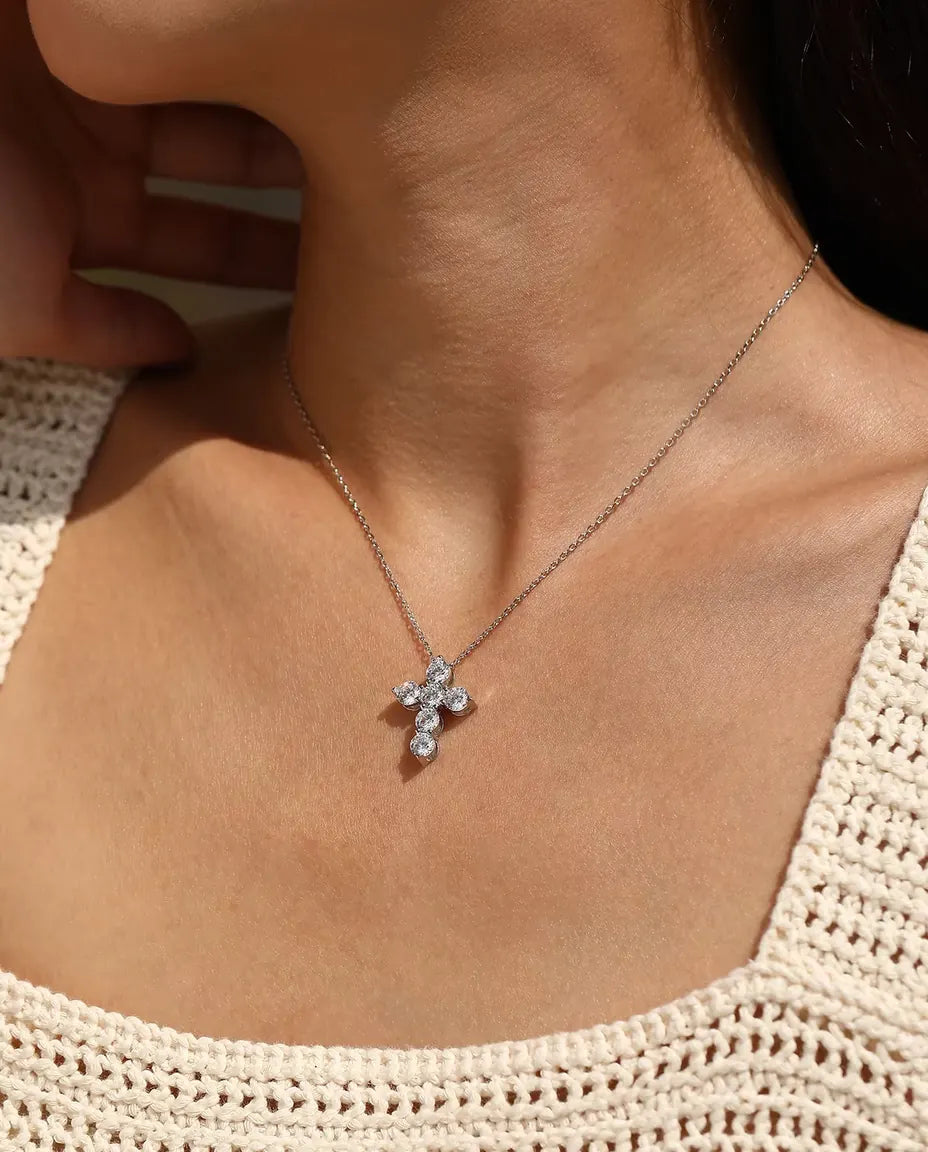 Moissanite Cross Necklace - Six 0.50 ct D Color Stones, 17.5 x 22.5 mm Pendant, 40+5 cm 925 Sterling Silver Chain