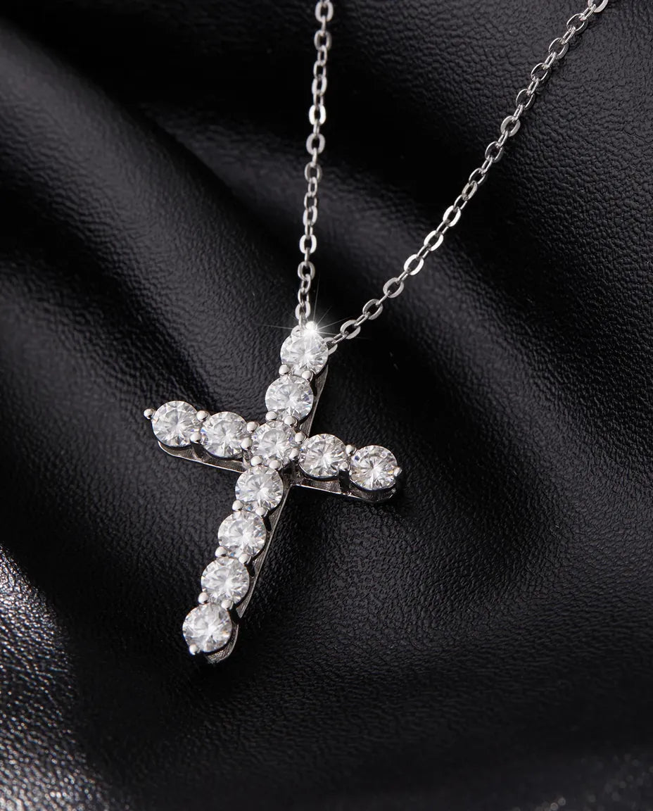 Moissanite cross necklace in 925 sterling silver, D color pave cross pendant for women
