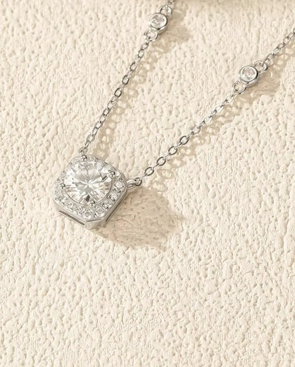 Moissanite Necklace for Women - 1 Carat D Color VVS1 Cushion Halo Pendant on Zirconia Station Chain, 925 Sterling Silver