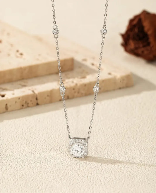 Moissanite Necklace for Women - 1 Carat D Color VVS1 Cushion Halo Pendant on Zirconia Station Chain, 925 Sterling Silver