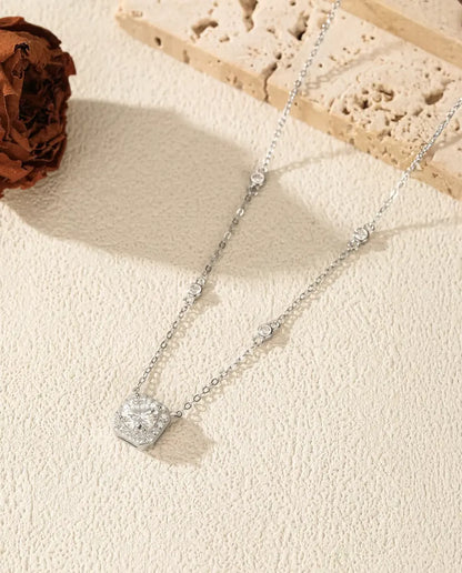 Moissanite Necklace for Women - 1 Carat D Color VVS1 Cushion Halo Pendant on Zirconia Station Chain, 925 Sterling Silver