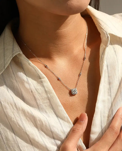 Moissanite Necklace for Women - 1 Carat D Color VVS1 Cushion Halo Pendant on Zirconia Station Chain, 925 Sterling Silver