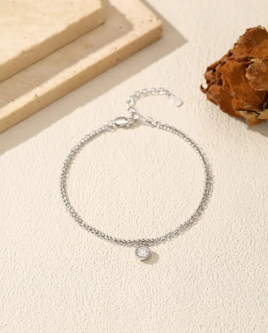 Moissanite Drop Bracelet - 0.50 ct Bezel-Set Round Stone on a Double-Strand 925 Sterling Silver Chain, 16+3 cm