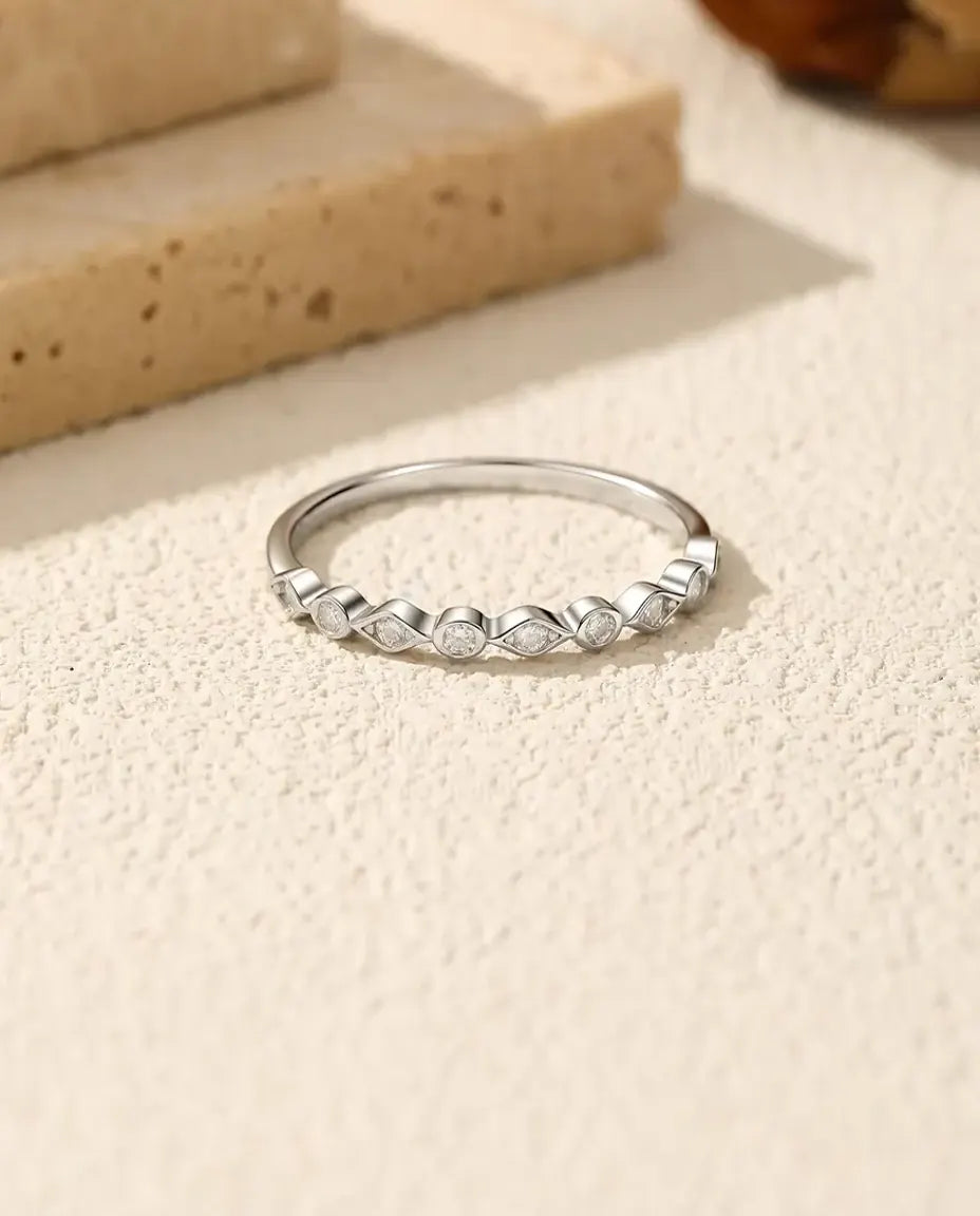 Moissanite Eternity Band – 9 Stone D Color VVS Half Eternity Ring in 925 Sterling Silver, Dainty Stacking Band, Sizes 5-9