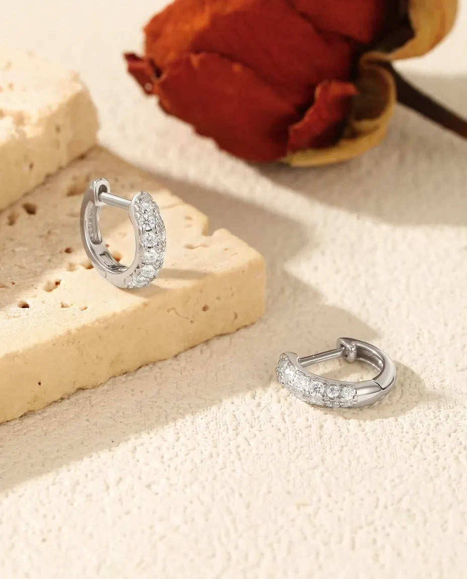 Moissanite Huggie Hoop Earrings for Women - Pave Set D Color Moissanite on 11 mm Huggies, 925 Sterling Silver