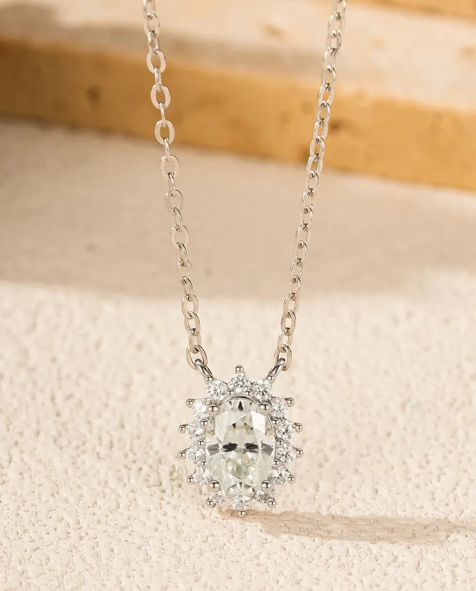 Moissanite Oval Halo Necklace – 1ct Pendant in 925 Sterling Silver, D Color VVS1 Wedding