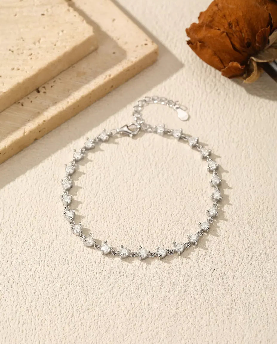 Moissanite Station Bracelet - 24 Round D Color Stones Spaced on 925 Sterling Silver, 6.3 in with Extender