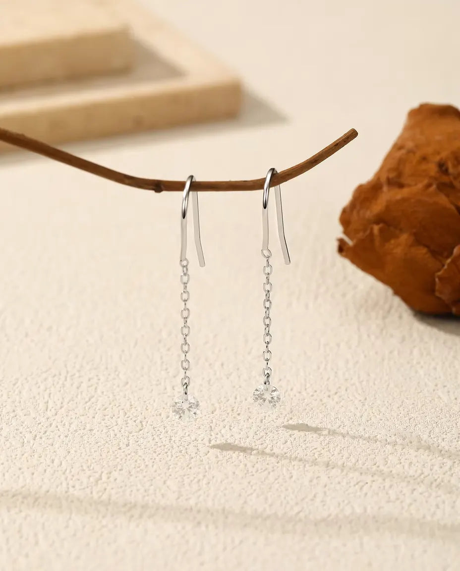 Moissanite Threader Earrings - 0.30 ct 4 mm Round Stones on 35 mm Slim Pull-Through Chains, 925 Sterling Silver