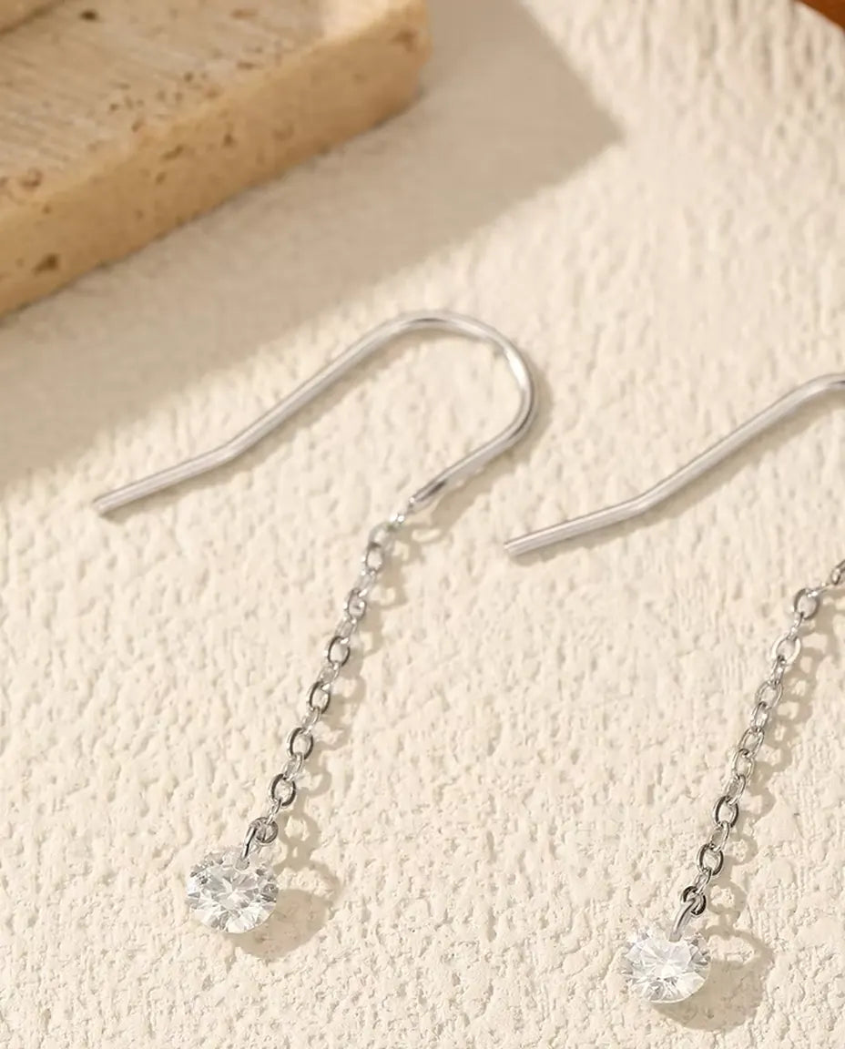 Moissanite Threader Earrings - 0.30 ct 4 mm Round Stone per Earring on 35 mm Slim Pull-Through Chains, 925 Sterling Silver