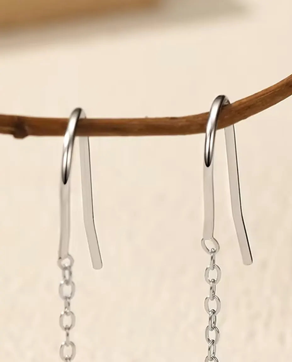 Moissanite Threader Earrings - 0.30 ct 4 mm Round Stone per Earring on 35 mm Slim Pull-Through Chains, 925 Sterling Silver