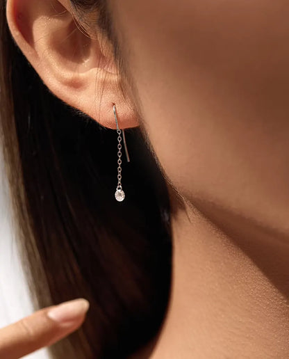 Moissanite Threader Earrings - 0.30 ct 4 mm Round Stone per Earring on 35 mm Slim Pull-Through Chains, 925 Sterling Silver