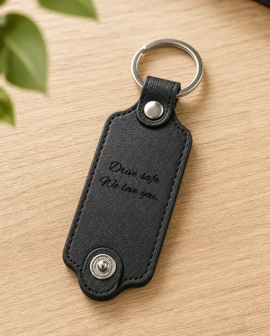 Black leather monogram photo keychain engraved with drive safe we love you