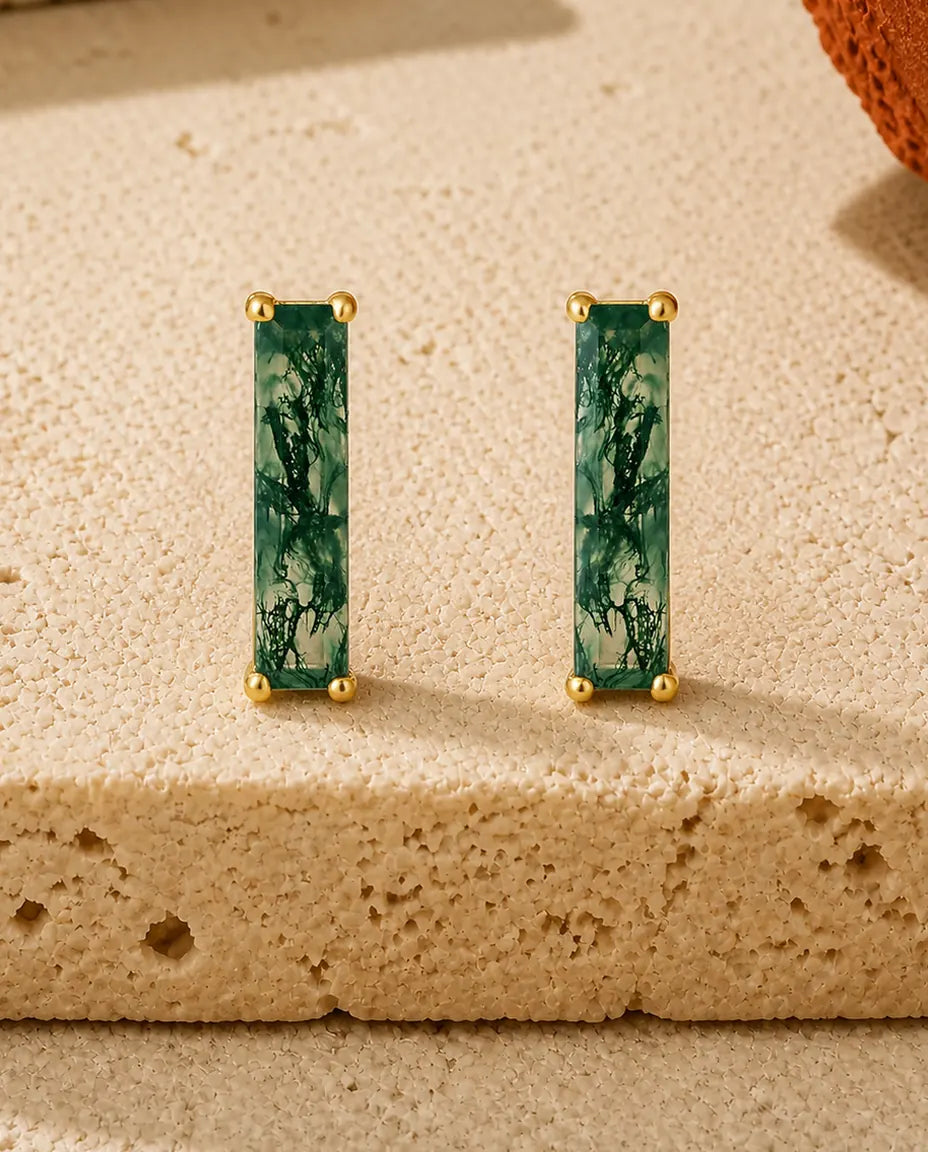 Moss Agate Bar Stud Earrings - Long Baguette Green Moss Agate in 10K Gold Plated 925 Sterling Silver, Gift for Her