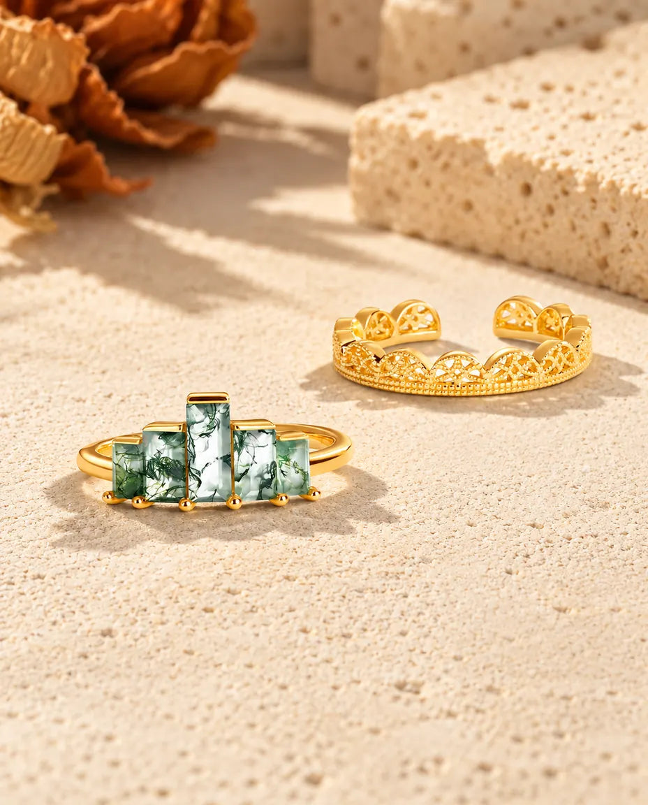 Moss Agate Stacking Ring Set in Gold Plated 925 Sterling Silver - the stone ring and the lace band side by side