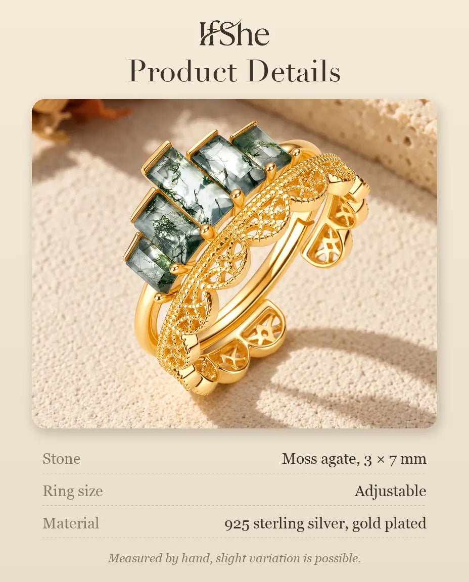 Moss Agate Stacking Ring Set in Gold Plated 925 Sterling Silver - product details with stone size, ring size and material