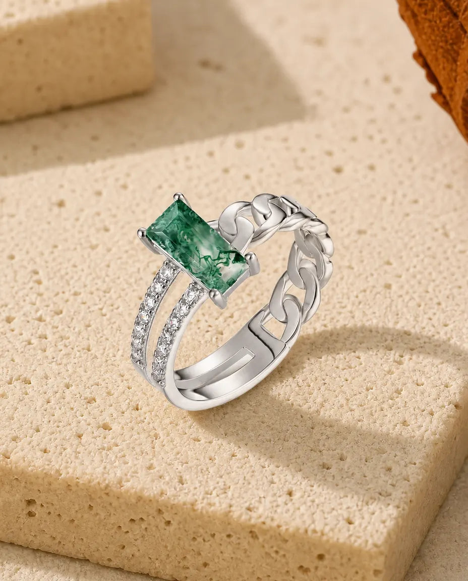 Moss agate emerald-cut chain-link ring in sterling silver with Cuban curb chain and double pave shoulders