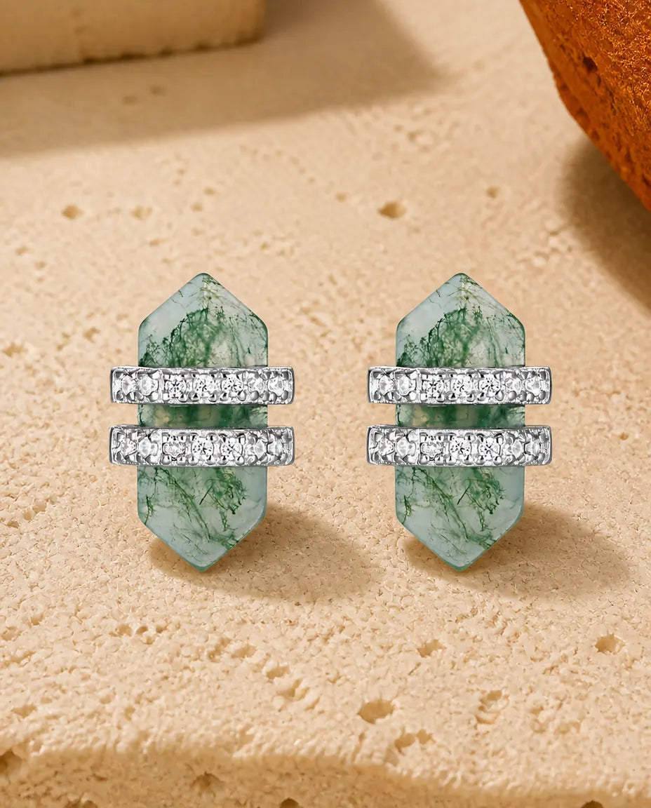 Moss Agate Stud Earrings - Double Point Green Moss Agate Slabs with Pave Cubic Zirconia Bars, 925 Sterling Silver, Gift for Her