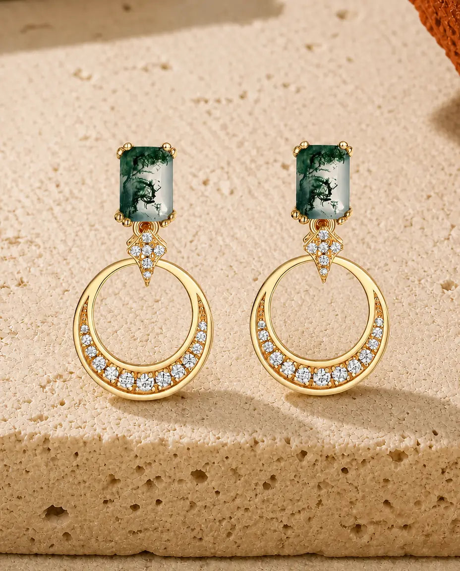 Moss Agate Drop Earrings - Emerald Cut Green Moss Agate Studs with Pave Open Circle Drops, 925 Sterling Silver in Silver or Gold, Gift for Her