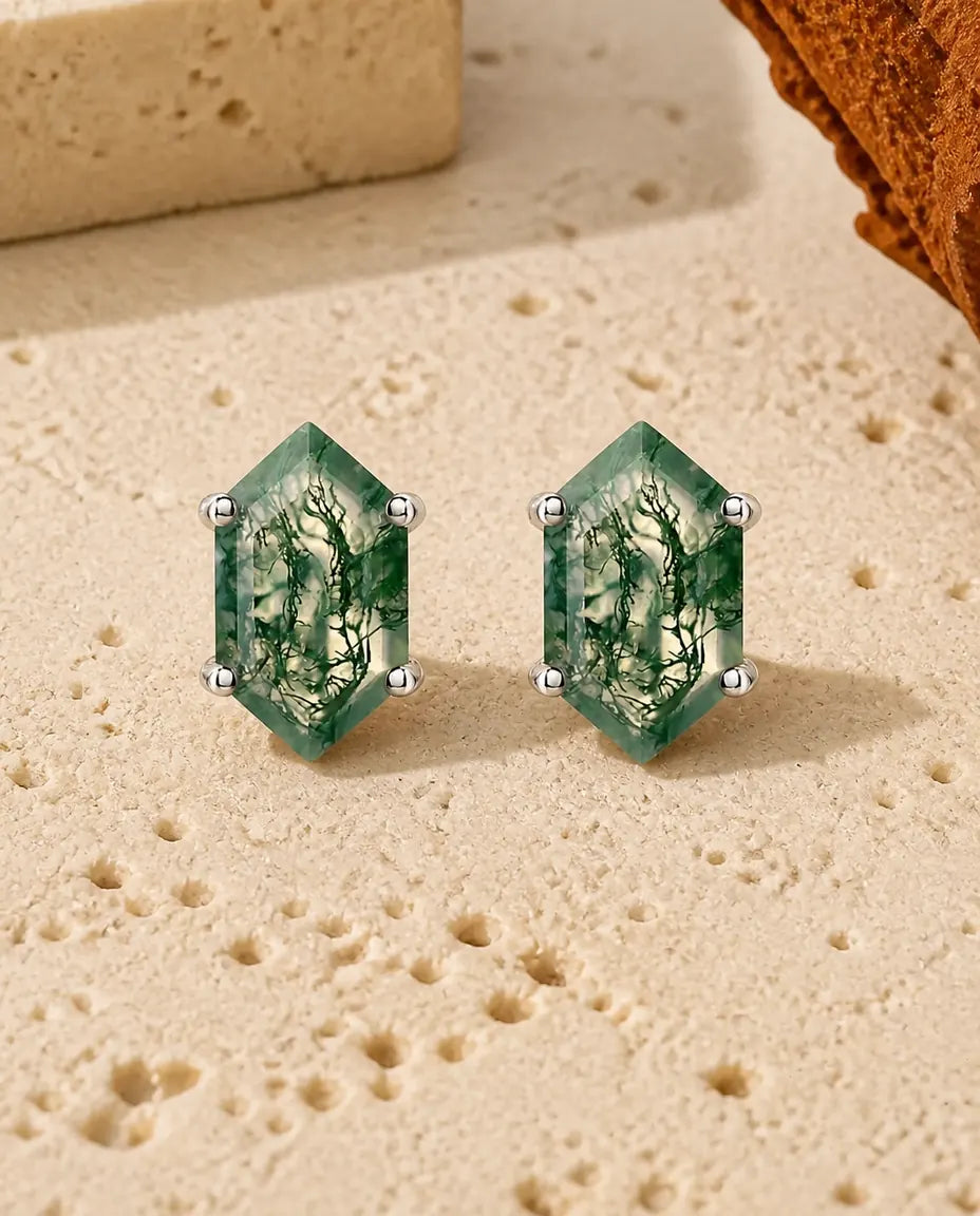 Moss Agate Stud Earrings - Hexagon Cut Green Moss Agate Solitaire Studs, 925 Sterling Silver, Everyday Gift for Her