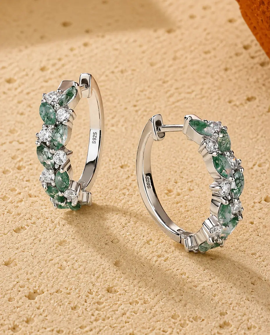 Moss Agate Huggie Hoop Earrings - Marquise Green Moss Agate and Cubic Zirconia Garland, 925 Sterling Silver, Gift for Her