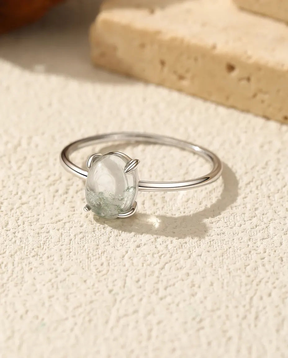 Natural green moss agate oval cabochon solitaire ring in 925 sterling silver