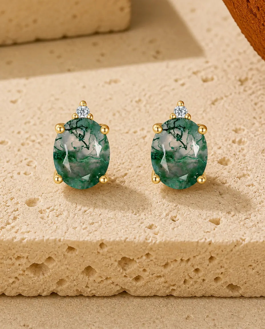 Moss Agate Stud Earrings - Oval Green Moss Agate with a Single Cubic Zirconia, 10K Gold Plated 925 Sterling Silver, Gift for Her