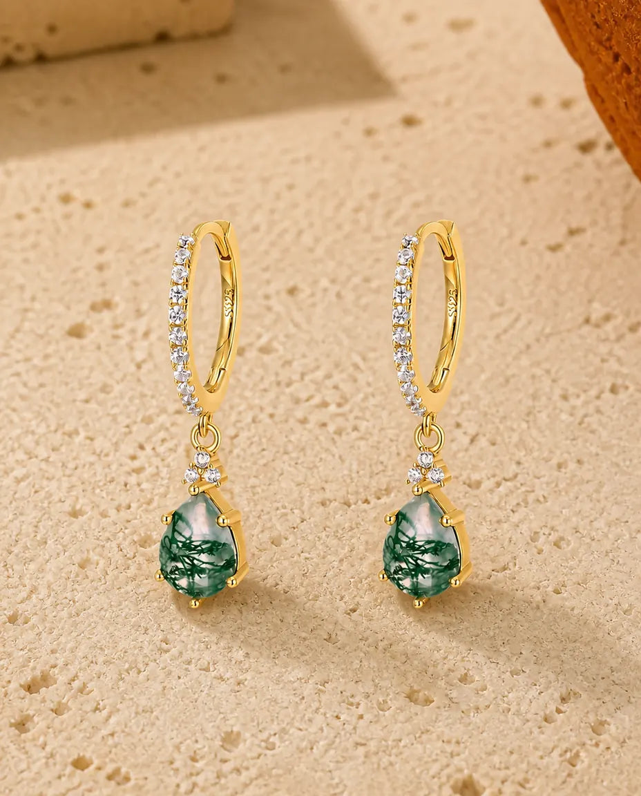 Moss Agate Huggie Hoop Earrings - Pear Cut Green Moss Agate Drops on Pave Cubic Zirconia Hoops, Gold Plated 925 Silver, Gift for Her