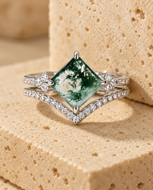 Princess-Cut Moss Agate Ring Set - the complete set
