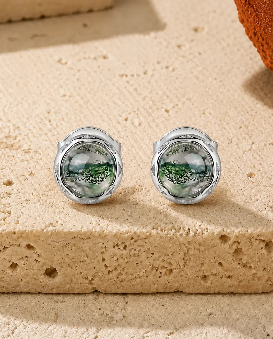 Moss Agate Stud Earrings - Round Green Moss Agate Cabochon in a Twisted Rope Bezel, 925 Sterling Silver, Everyday Gift for Her