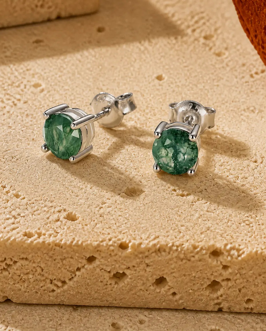 Moss Agate Stud Earrings - 6mm Round Green Moss Agate Solitaire in Four Prongs, 925 Sterling Silver, Gift for Her