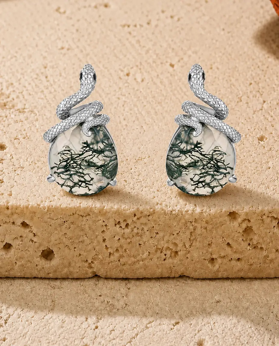Moss Agate Stud Earrings - Snake Wrap with Pear Moss Agate Cabochon, 925 Sterling Silver, Gift for Her
