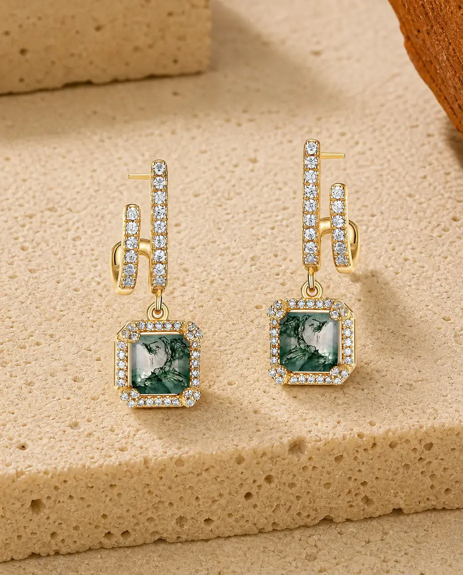 Moss Agate Drop Earrings - Square Cut Green Moss Agate with Cubic Zirconia Halo on Pave Bar Studs, 925 Sterling Silver in Silver or Gold, Gift for Her