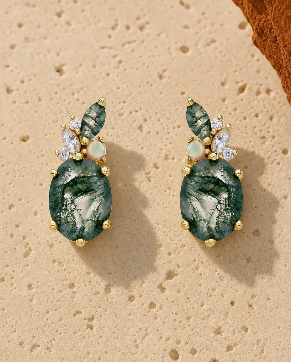 Moss Agate Stud Earrings - Oval Green Moss Agate with Opal and CZ Cluster, 10K Gold-Plated 925 Sterling Silver, Gift for Her