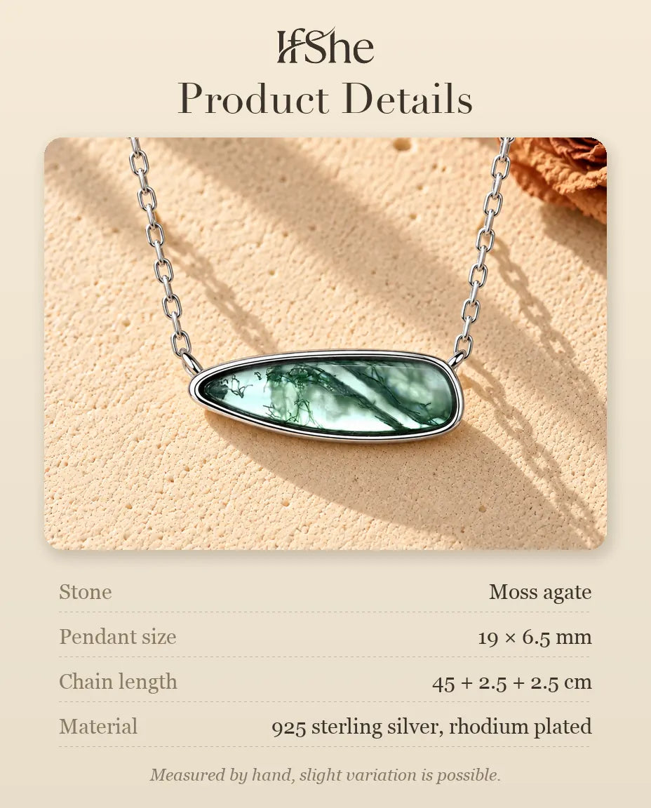 Moss Agate Bar Necklace in 925 Sterling Silver - product details with stones, pendant size, chain length and material