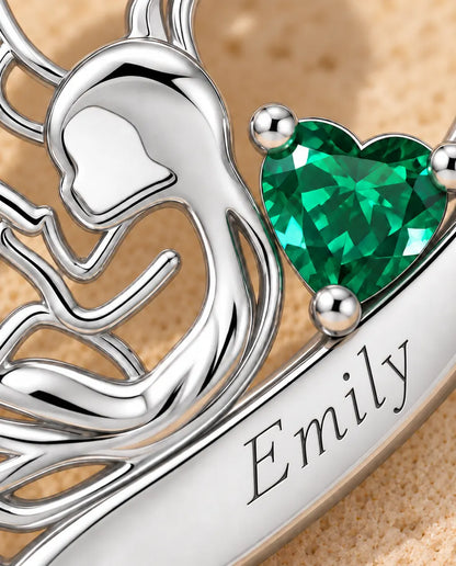 Personalized Mother And Child Necklace With Name - Heart Pendant With Two Simulated Birthstones, Silver