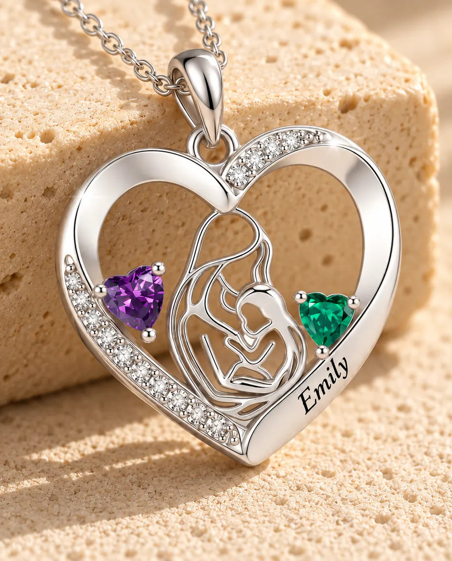 Personalized Mother And Child Necklace With Name - Heart Pendant With Two Simulated Birthstones, Silver