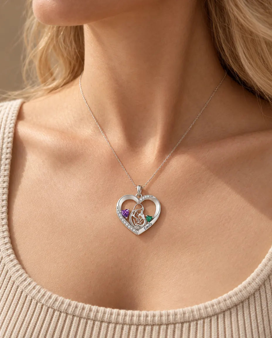 Personalized Mother And Child Necklace With Name - Heart Pendant With Two Simulated Birthstones, Silver