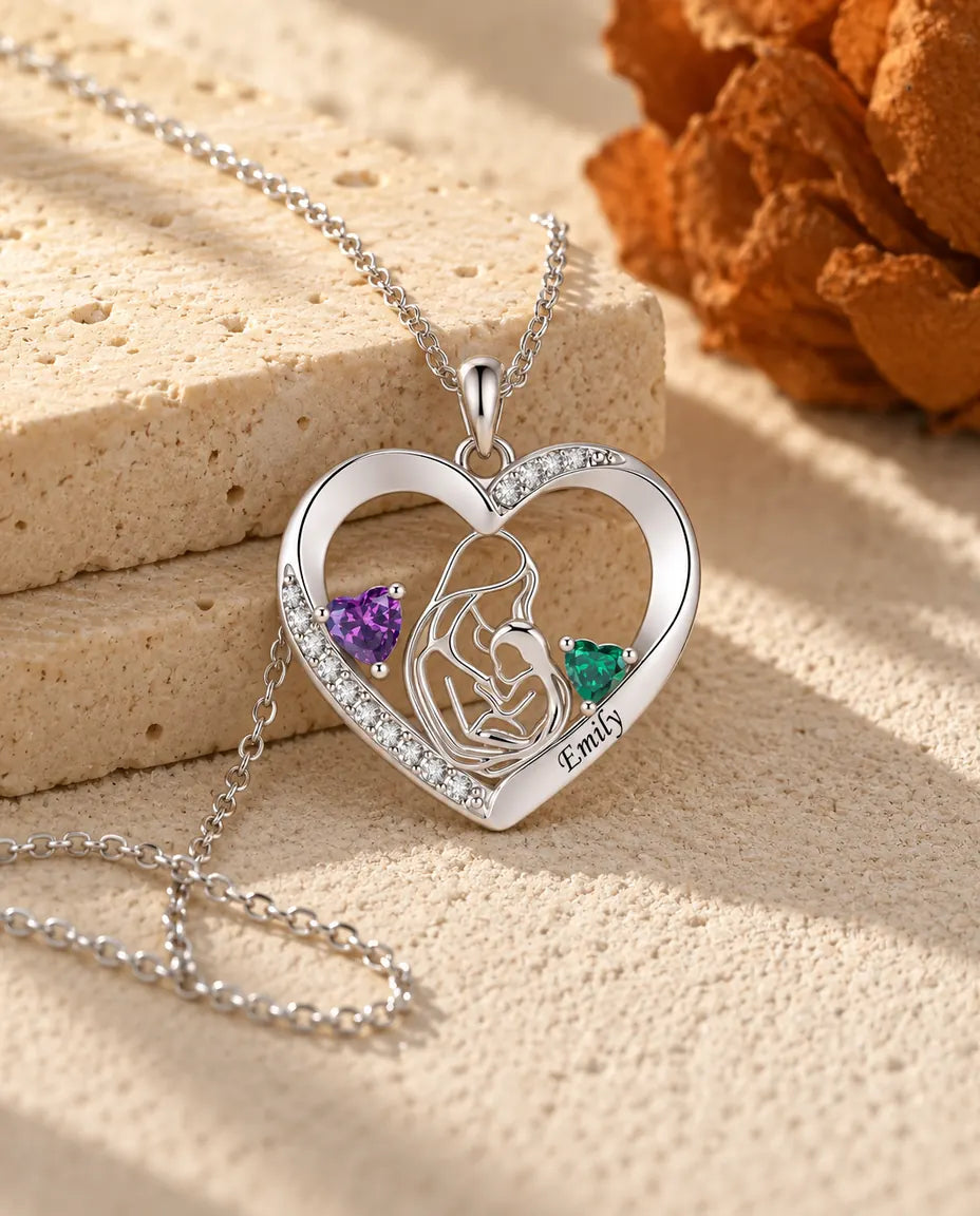 Personalized Mother And Child Necklace With Name - Heart Pendant With Two Simulated Birthstones, Silver