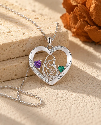Personalized Mother And Child Necklace With Name - Heart Pendant With Two Simulated Birthstones, Silver