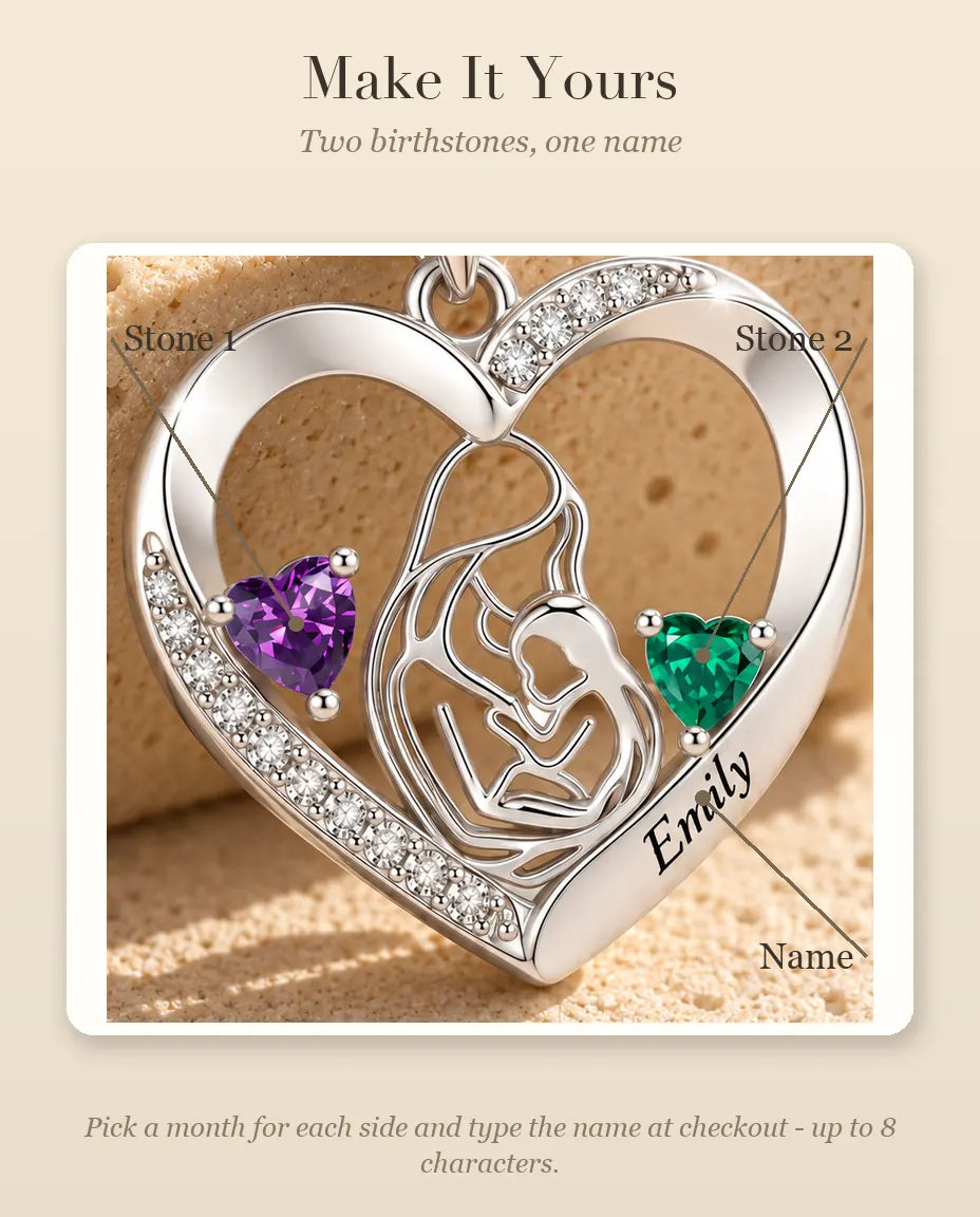 Personalized Mother And Child Necklace With Name - Heart Pendant With Two Simulated Birthstones, Silver