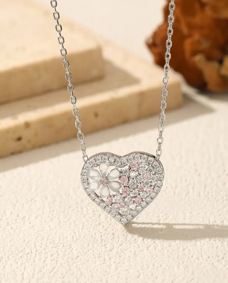 Mother of Pearl Flower Heart Necklace - Pink and Clear Zirconia Pave in 925 Sterling Silver, 16-18 in Chain
