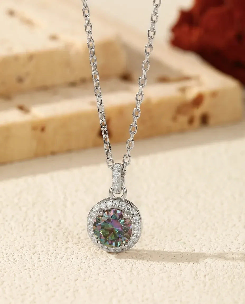 Color-Shift Moissanite Halo Necklace – 1ct Round Teal Pendant in 925 Sterling Silver, Bold