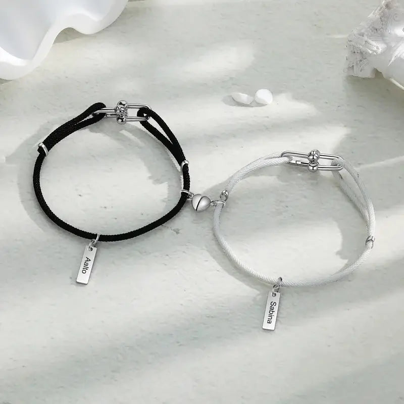 Name Matching Bracelets for Couples – His and Her Magnetic Bracelet, Stainless Steel, 2 Pieces, Personalized Anniversary Gift